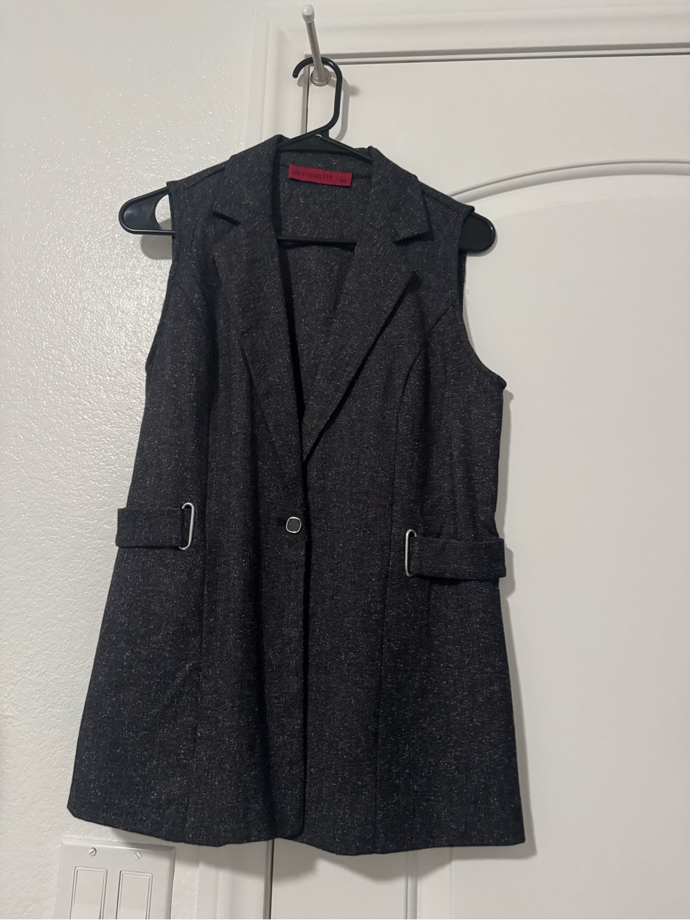 Sleeveless Black Tweed Longline Vest with Buckle Tabs